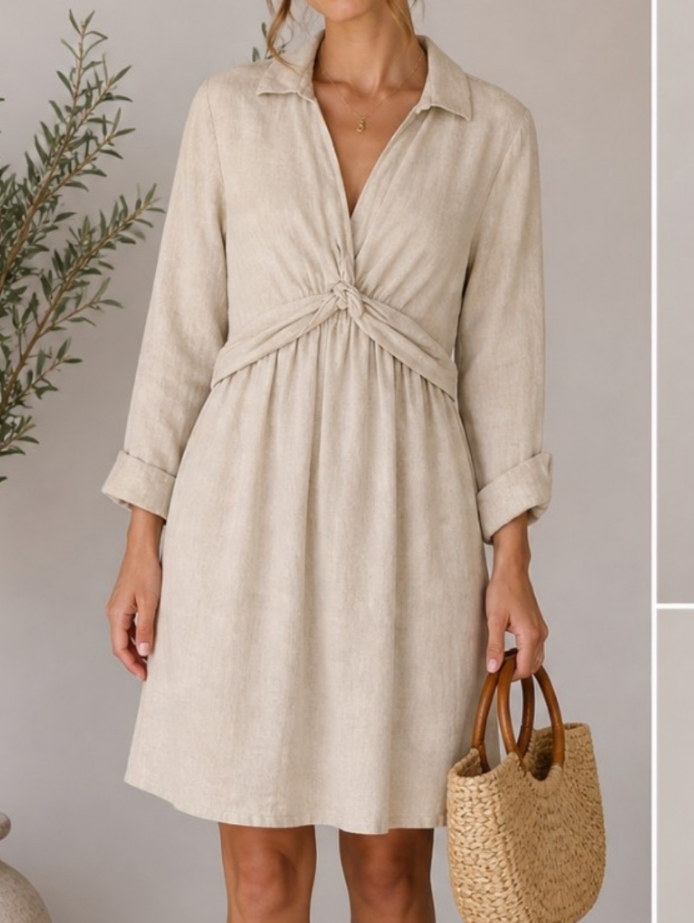 Anthropologie JOIE Beige Beachy Linen Blend Long Sleeve Dress Womens Sz M Pocket